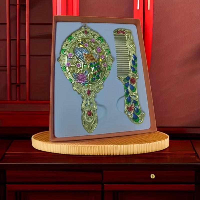 Vintage Mirror Comb Set Peacock Embossed Vanity Makeup Mirror