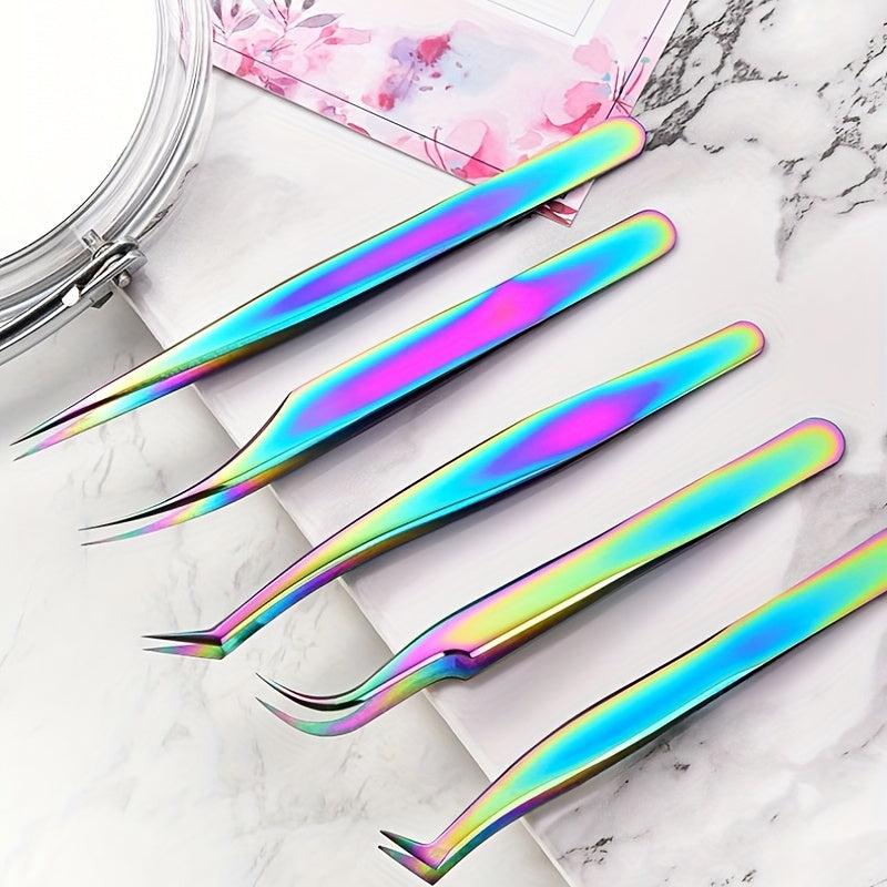 5pcs Eyelash Extension Tweezers Set Stainless Steel Straight And Curved Volume