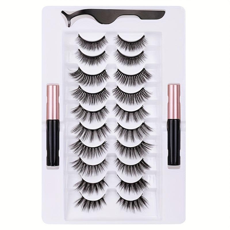 10 Pairs Magnetic Eyelashes Kit With 2 Magnetic Eyeliners & Tweezer