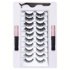 10 Pairs Magnetic Eyelashes Kit With 2 Magnetic Eyeliners & Tweezer