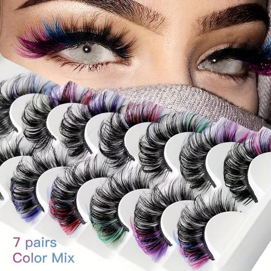 7 Pairs Colored False Eyelashes D Curl for Stage Party Halloween