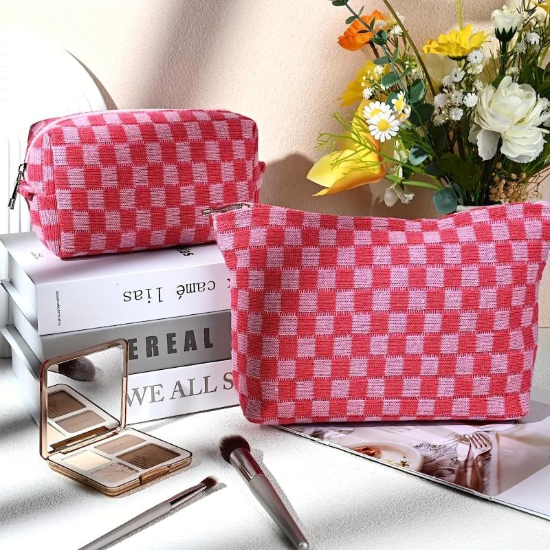 Large Checkered Cosmetic Bag Travel Toiletry Organizer Makeup Brushes Storage