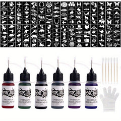 Long Lasting Temporary Tattoo Inks & Stencils Kit for Adult Hand Painting