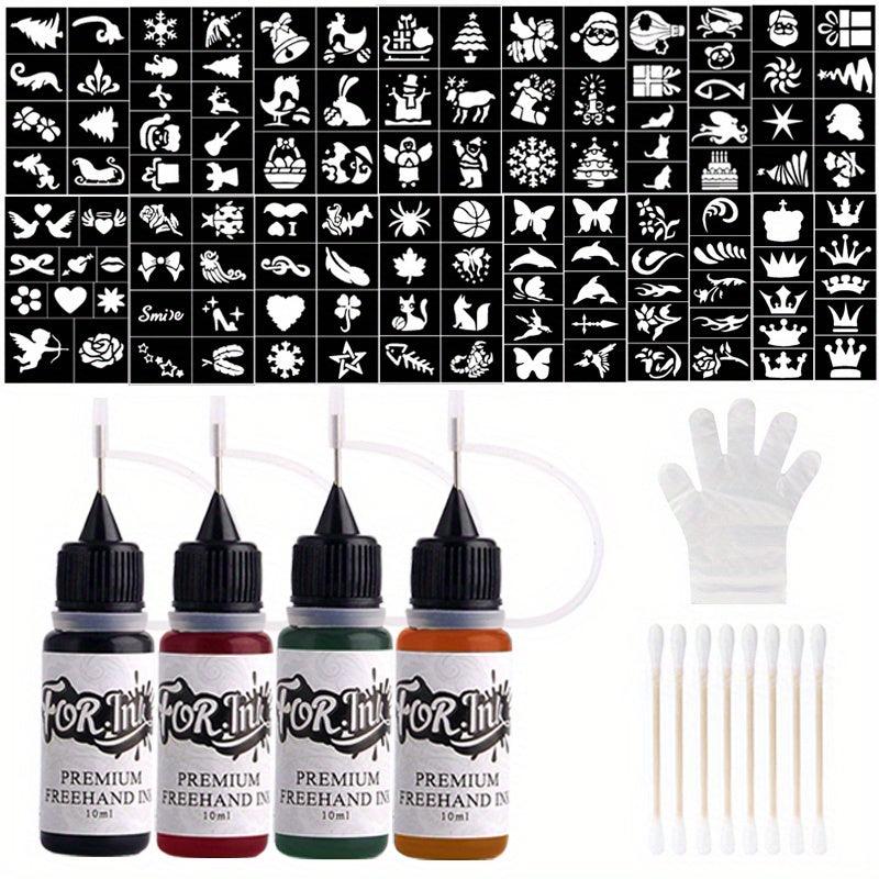 Long Lasting Temporary Tattoo Inks & Stencils Kit for Adult Hand Painting
