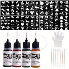 Long Lasting Temporary Tattoo Inks & Stencils Kit for Adult Hand Painting