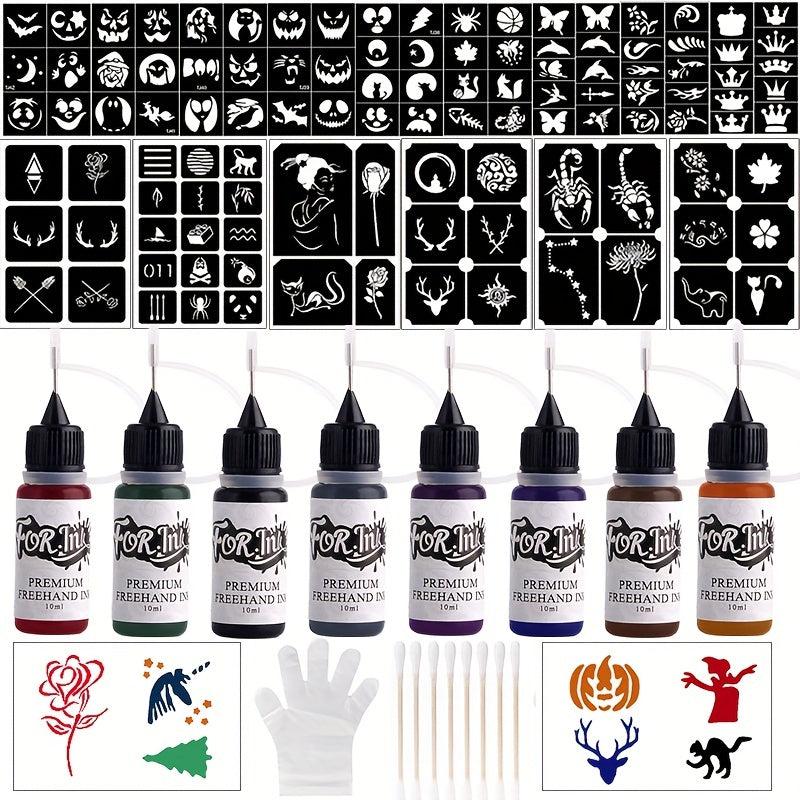 Long Lasting Temporary Tattoo Inks & Stencils Kit for Adult Hand Painting