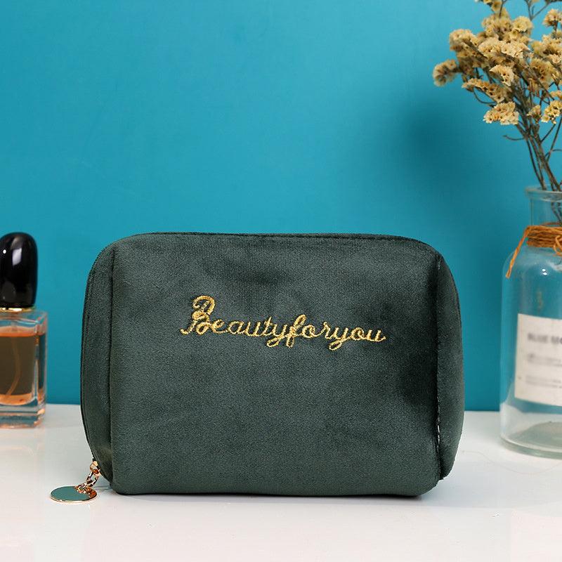 Velvet Letter Embroidered Makeup Bag Soft Travel Pouch