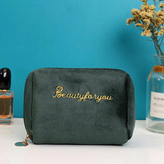 Velvet Letter Embroidered Makeup Bag Soft Travel Pouch