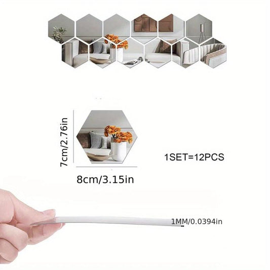 12pcs Hexagon Acrylic Mirror Wall Sticker Self Adhesive Geometric Mirror Sticker