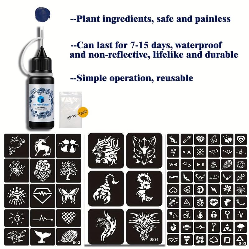 Hollow Tattoo Stencils Set with Transparent Juice Dyeing Paste