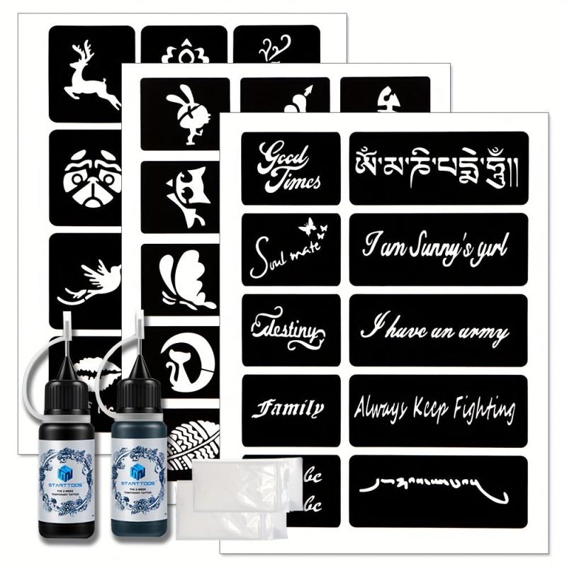 3 A4 Tattoo Stencils + Dye Paste - Animal Word Butterfly Pattern Semi-permanent