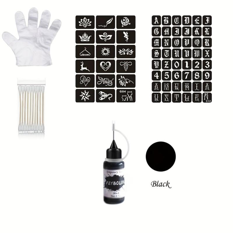 Temporary Tattoo Kit Freehand Ink with 2 Self-Adhesive Stencils