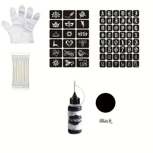 Temporary Tattoo Kit Freehand Ink with 2 Self-Adhesive Stencils