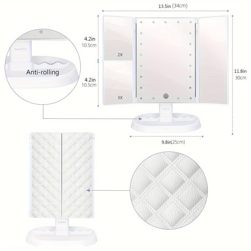 LED Trifold Vanity Makeup Mirror 3x Magnification Touch Screen Dimming