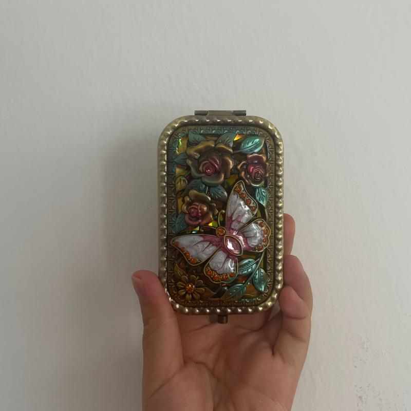 Vintage Metal Foldable Travel Makeup Mirror 2X 1X Magnification