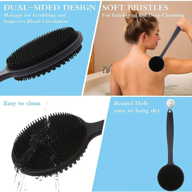 2pcs Silicn Double Sided Scrubber Long Handle Bath Sponge Shower Brush
