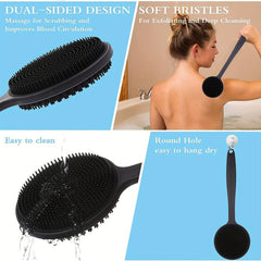 2pcs Silicn Double Sided Scrubber Long Handle Bath Sponge Shower Brush