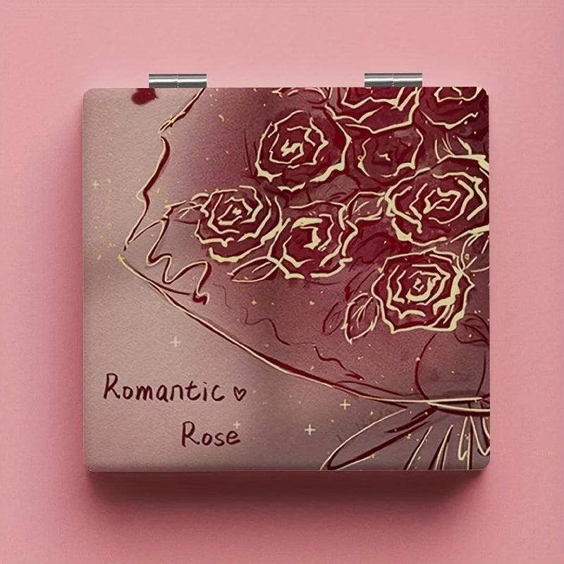 Rose Pattern Compact Mirror Square Double Side Folding Makeup Vanity Mirror