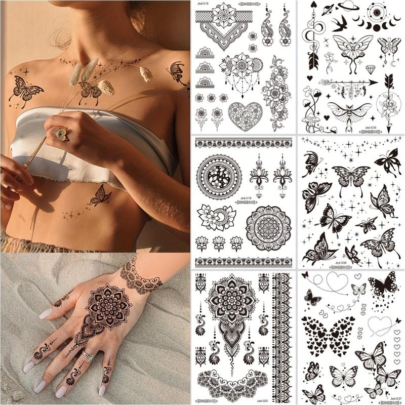 Dark Butterfly Plant Tattoo Stickers Waterproof Realistic Temporary Tattoo