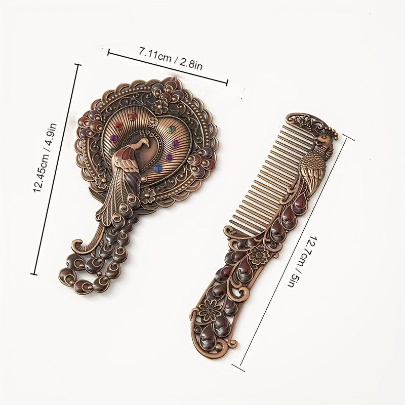Vintage Mirror Comb Set Peacock Embossed Vanity Makeup Mirror