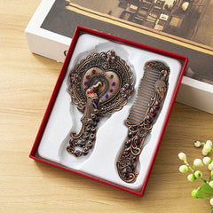 Vintage Mirror Comb Set Peacock Embossed Vanity Makeup Mirror