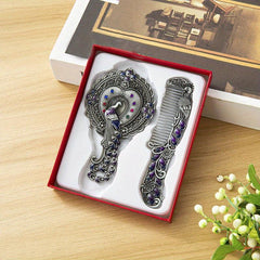 Vintage Mirror Comb Set Peacock Embossed Vanity Makeup Mirror