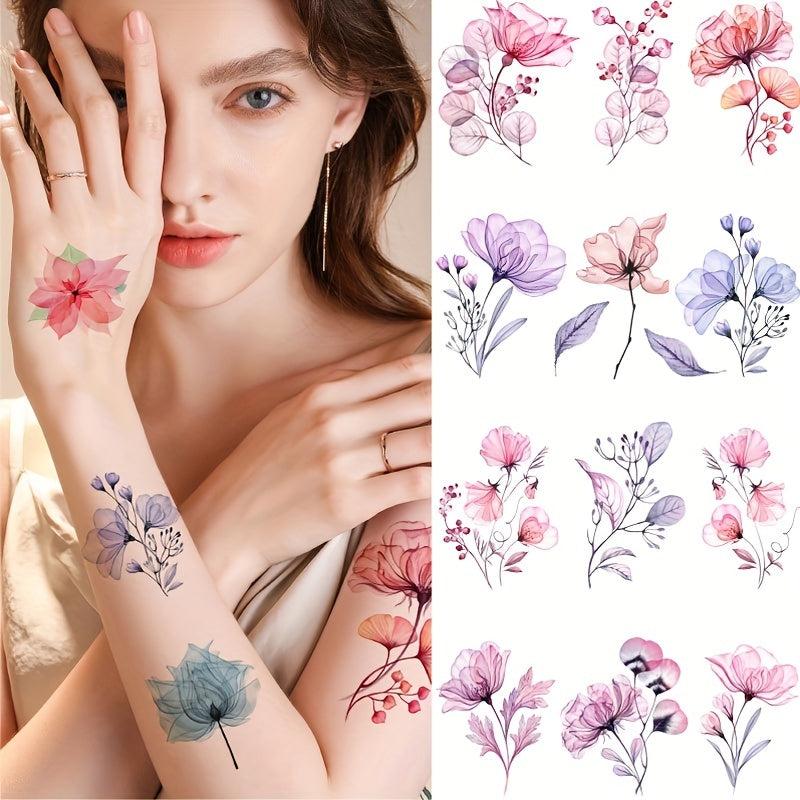 12 Pieces X RAY Flower Temporary Waterproof Tattoo Stickers For Women