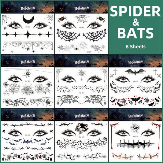Halloween Spider Face Tattoos Bats Spider Web Waterproof Stickers