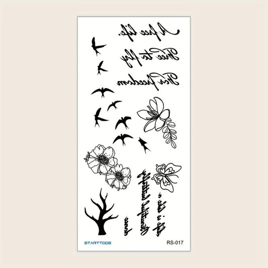 Flying Bird Floral Word Pattern Flower Temporary Tattoo Sticker