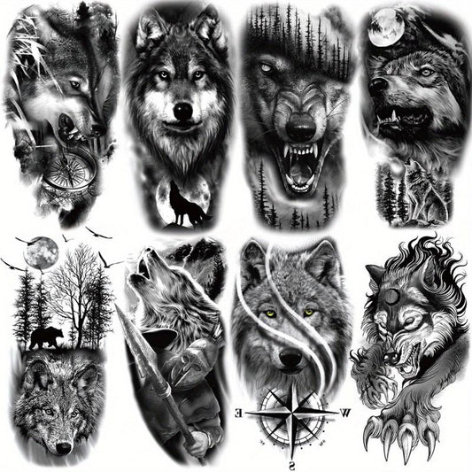 8 Pcs Wolf Head Temporary Tattoo Stickers, Body Art Large Half Arm Sleeve