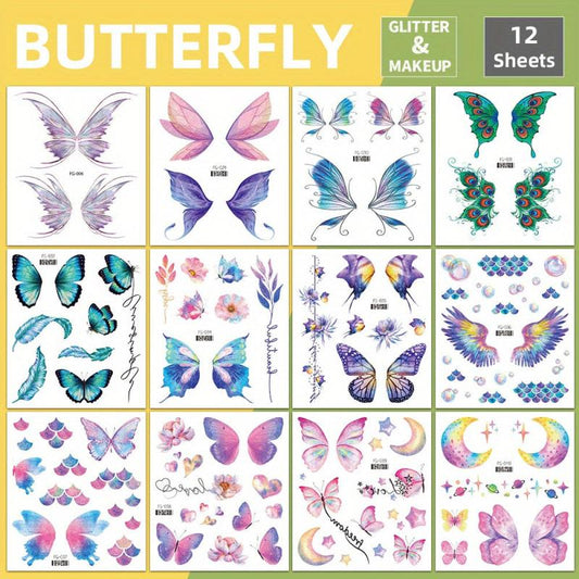 12 Sheets Butterfly Face Sticker Temporary Tattoo Sticker Glitter Eye Sticker