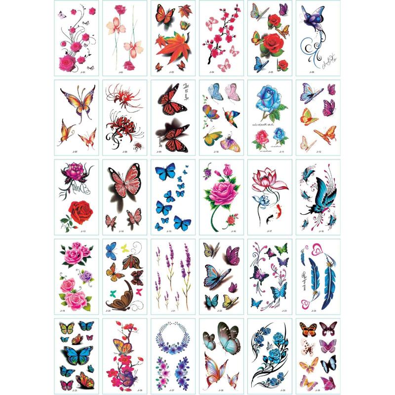 30 Sheets Butterfly Rose Flower Feather Temporary Tattoos