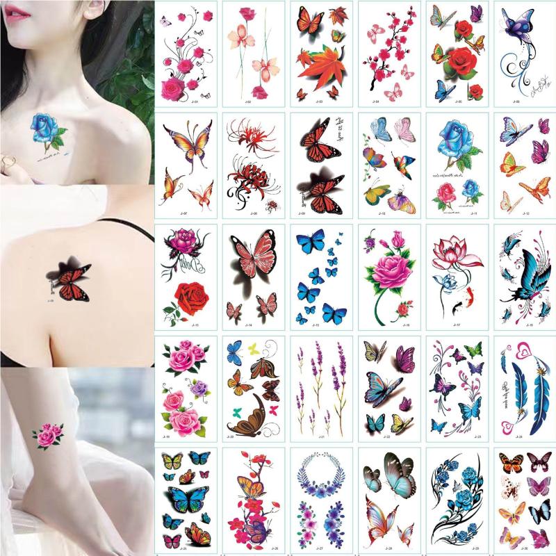 30 Sheets Butterfly Rose Flower Feather Temporary Tattoos