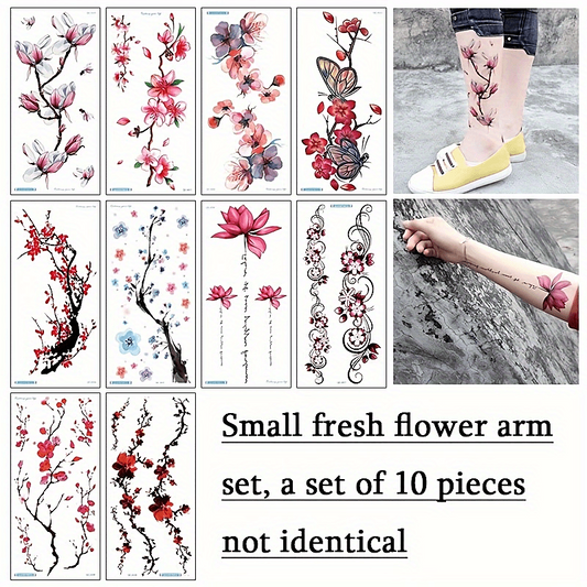 10 Sheets Waterproof Temporary Tattoo Stickers - Plum Blossom Orchid Chrysanthem