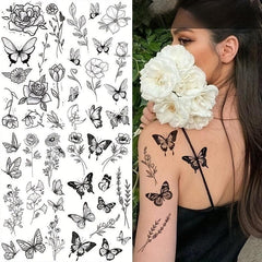 4 Piece Butterfly Flower Sketch Tattoo Stickers