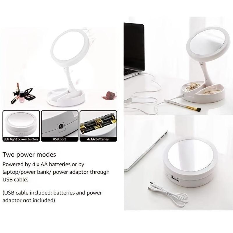 LED Folding Makeup Mirror 10X 1X Magnification Double Sided Mirror 16 0 Cm