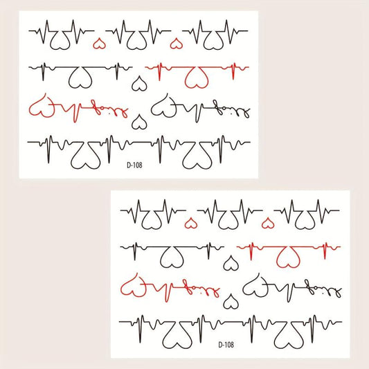 2 Sheets Women's Temporary Tattoo Stickers With Love Electrocardiogram