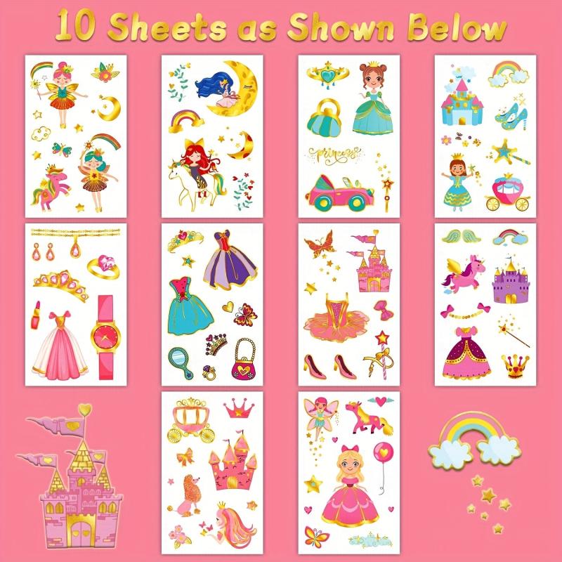 10 Sheets Glitter Princess Temporary Tattoos For Girls Party Supplies