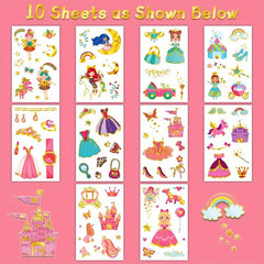 10 Sheets Glitter Princess Temporary Tattoos For Girls Party Supplies