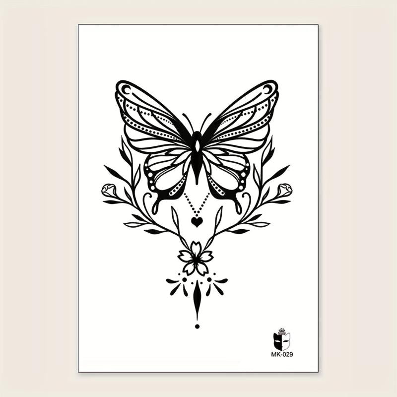 Large Floral Butterfly Flower Line Drawing Temporary Tattoo