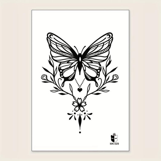 Large Floral Butterfly Flower Line Drawing Temporary Tattoo