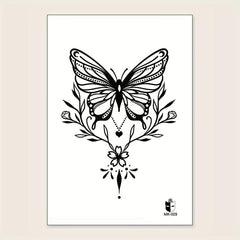 Large Floral Butterfly Flower Line Drawing Temporary Tattoo
