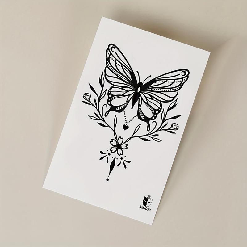 Large Floral Butterfly Flower Line Drawing Temporary Tattoo