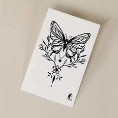 Large Floral Butterfly Flower Line Drawing Temporary Tattoo