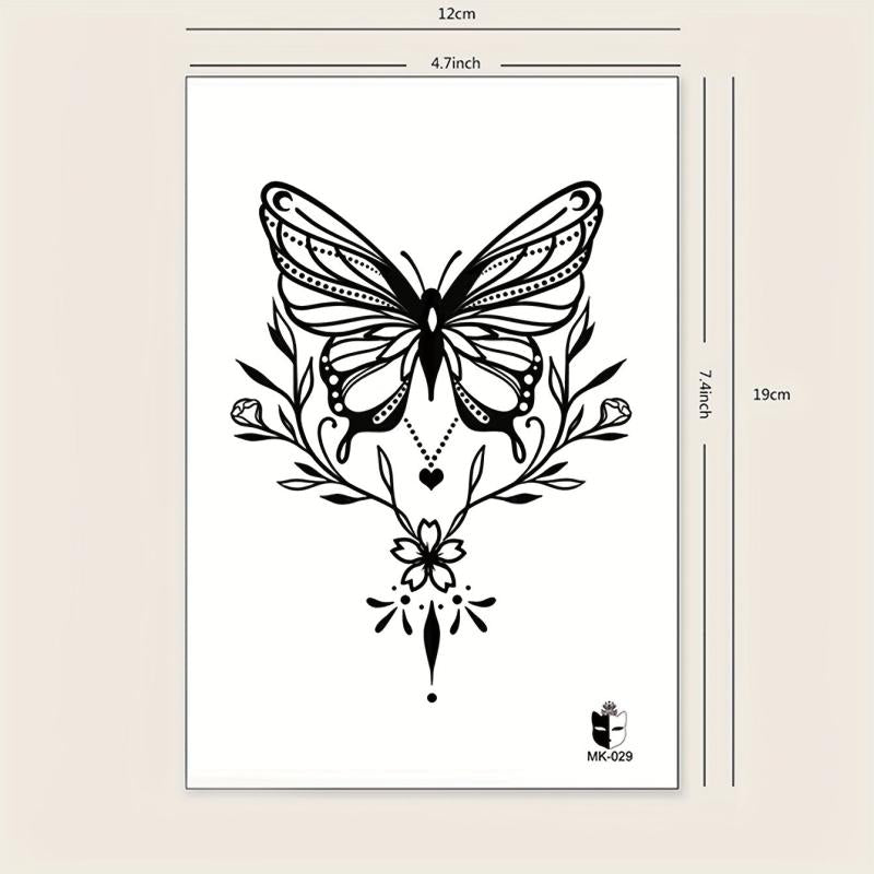 Large Floral Butterfly Flower Line Drawing Temporary Tattoo