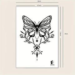 Large Floral Butterfly Flower Line Drawing Temporary Tattoo