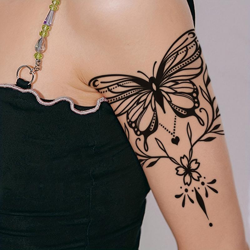 Large Floral Butterfly Flower Line Drawing Temporary Tattoo