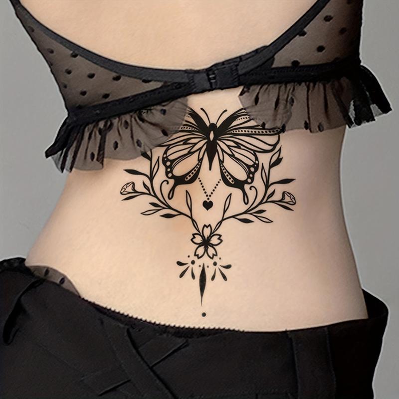 Large Floral Butterfly Flower Line Drawing Temporary Tattoo