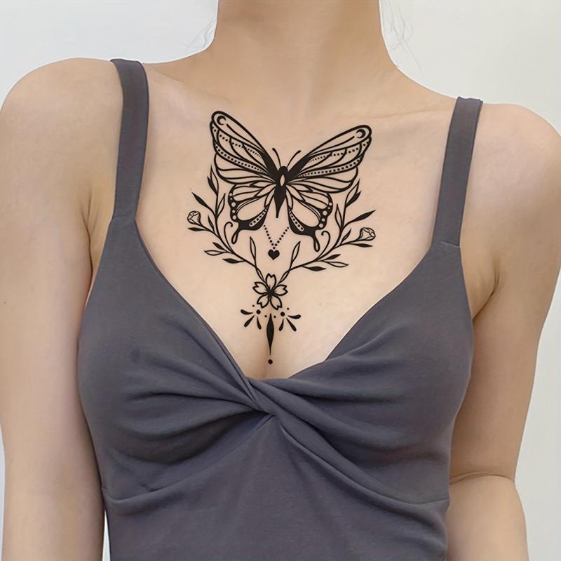 Large Floral Butterfly Flower Line Drawing Temporary Tattoo