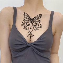 Large Floral Butterfly Flower Line Drawing Temporary Tattoo